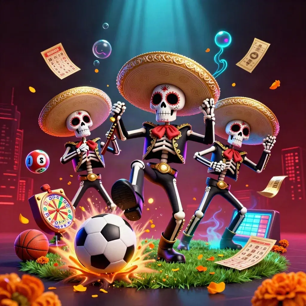Skeleton mariachi trio kicks a soccer ball amid casino props and neon light