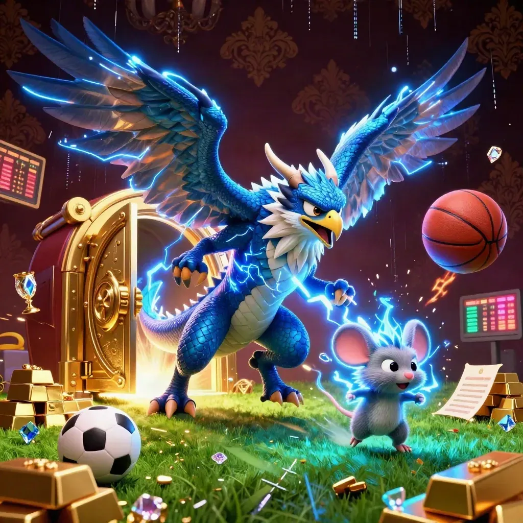 Thunder dragon, glowing hawk and static mouse explode past treasure and lightning on a dark casino backdrop.