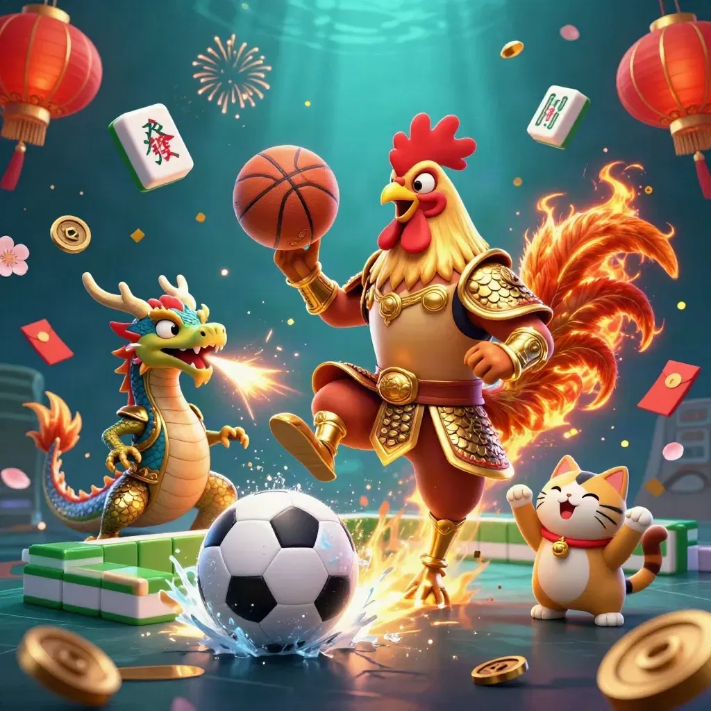 Rooster warrior, dragon hatchling and fortune cat erupt with balls, tiles and sparks in neon casino art.