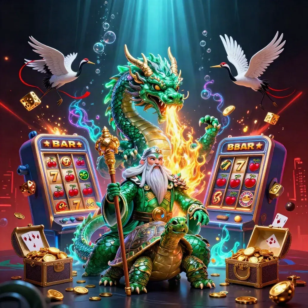 Jade dragon, turtle sage, and cranes explode in a neon casino treasure scene.