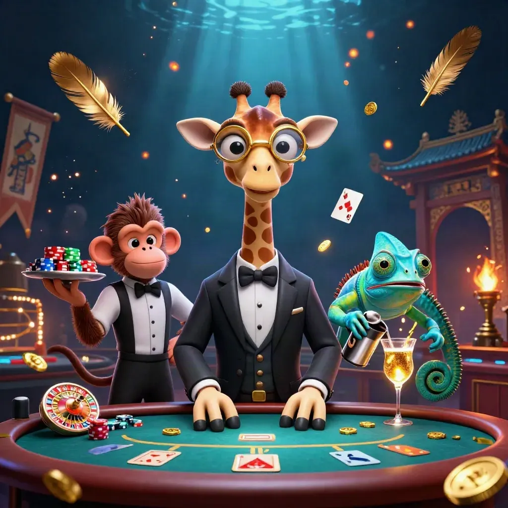 Giraffe high roller, monkey valet, and chameleon bartender in a neon casino fantasy with gold and blue light.