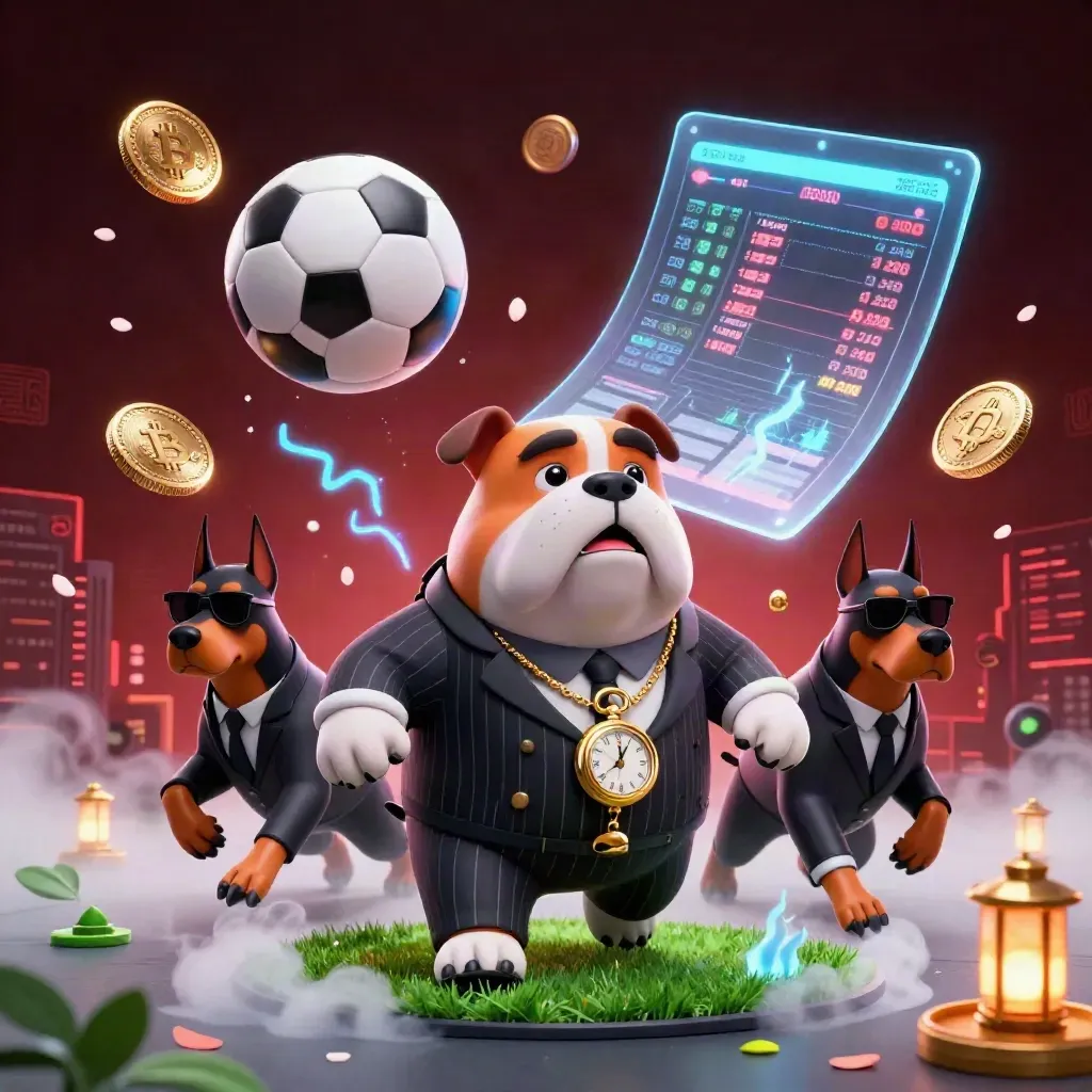 Bulldog boss and Doberman guards amid flying coins, balls, and neon casino energy in dark red haze.