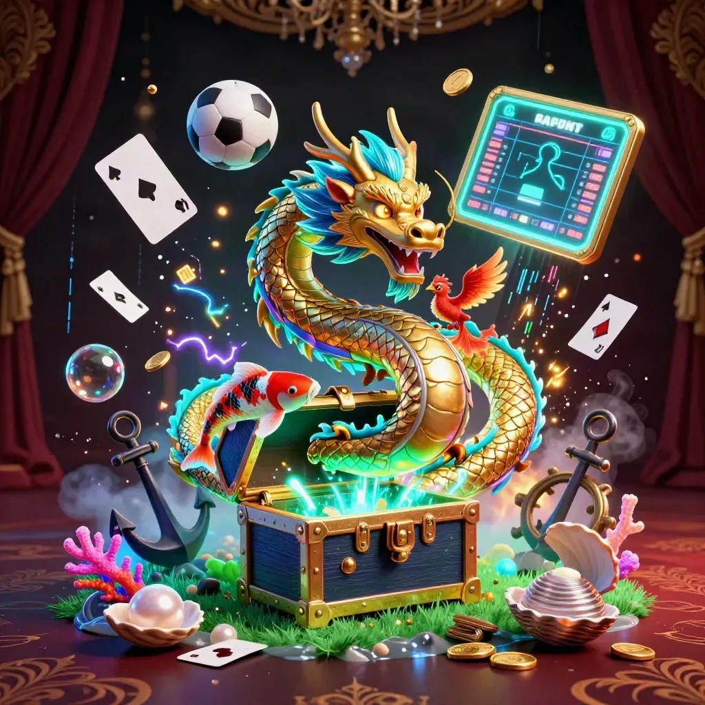 Golden dragon with phoenix and koi amid flying sports gear, coins, coral and neon treasure cove