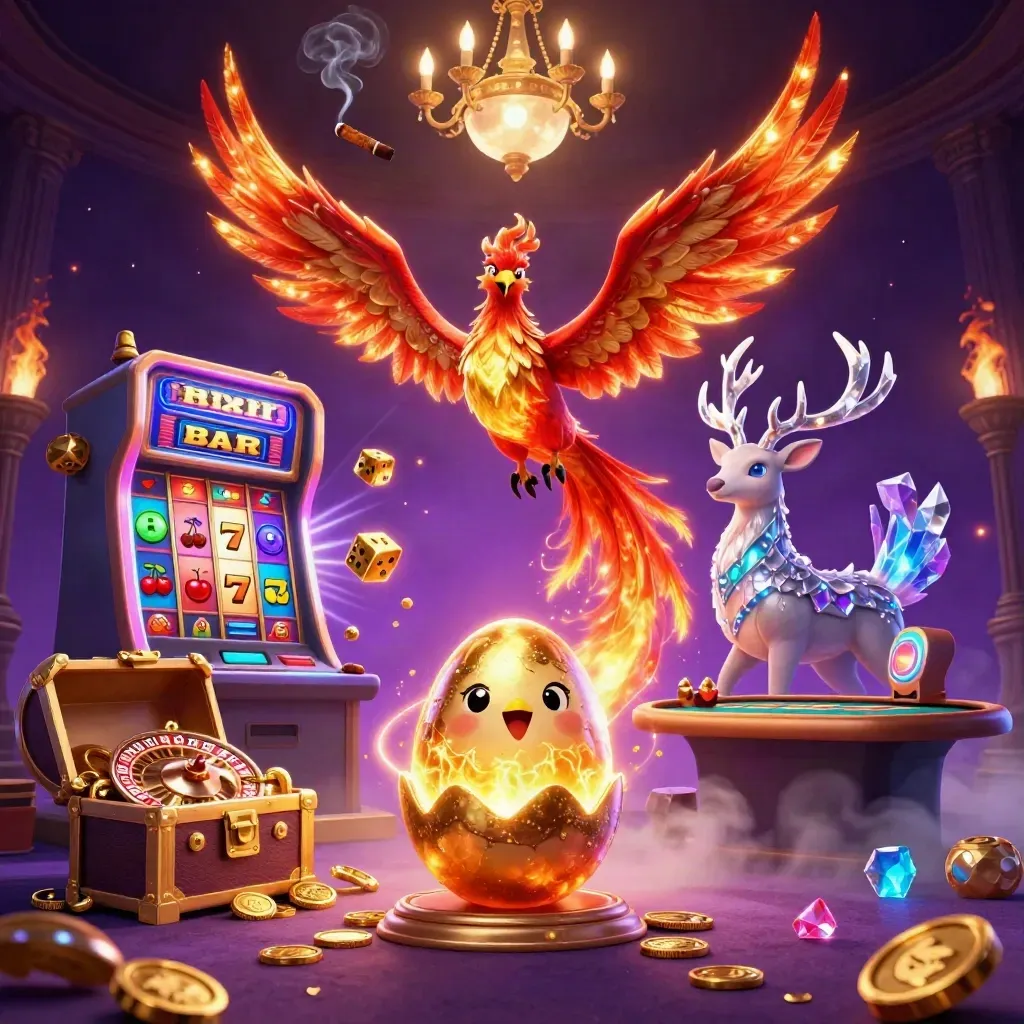 Phoenix, stag and slot machine burst in a neon casino fantasy with brass and starlight.