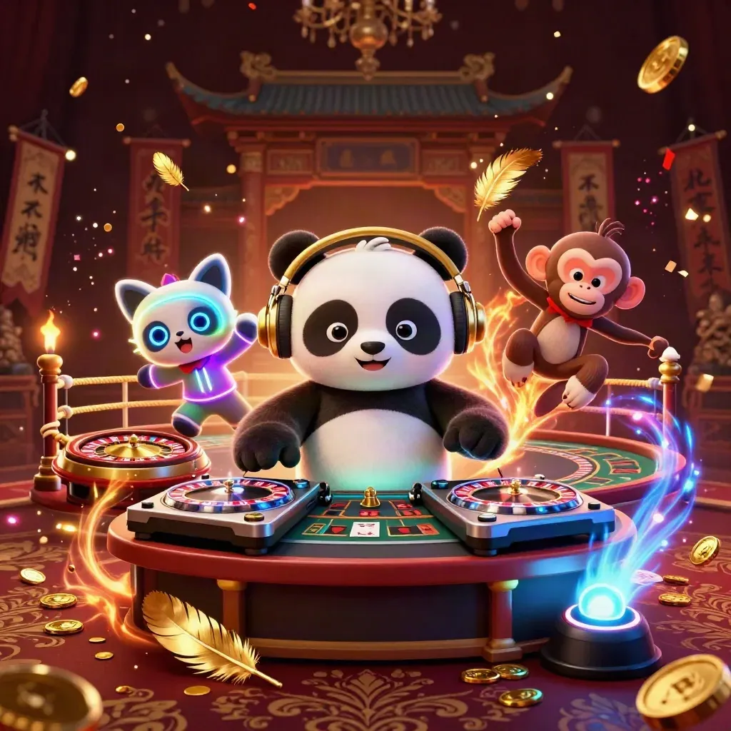 DJ panda, breakdancing monkey, and glow-stick kitten in a luxe casino scene with roulette and gold light.