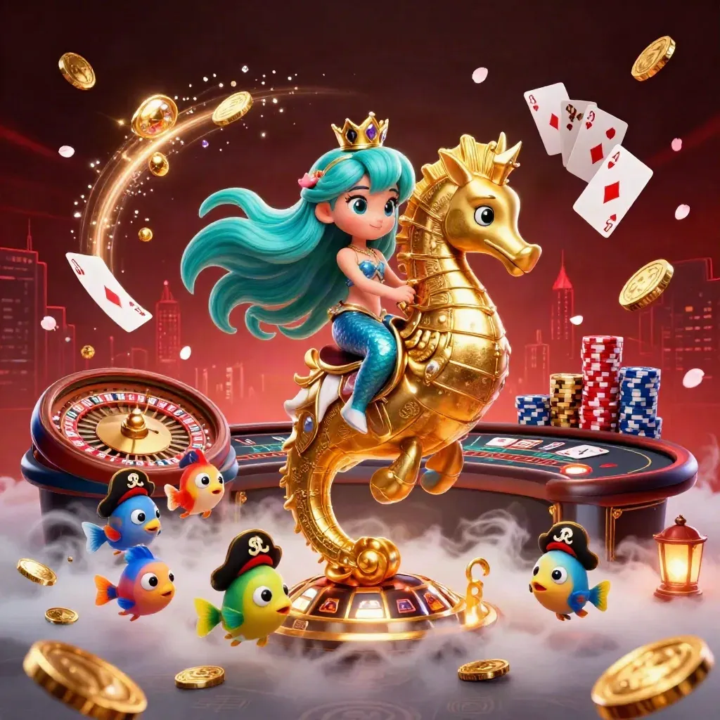 Mermaid princess on a gold seahorse amid casino glow, coins, cards, roulette, and pirate fish.