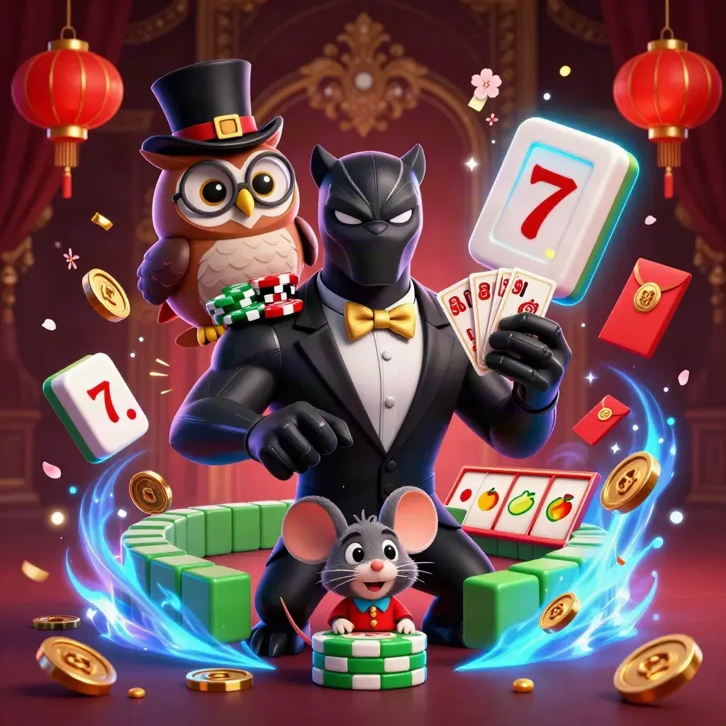 Black panther dealer, owl and mouse amid neon casino bursts, lanterns, coins and fireworks.