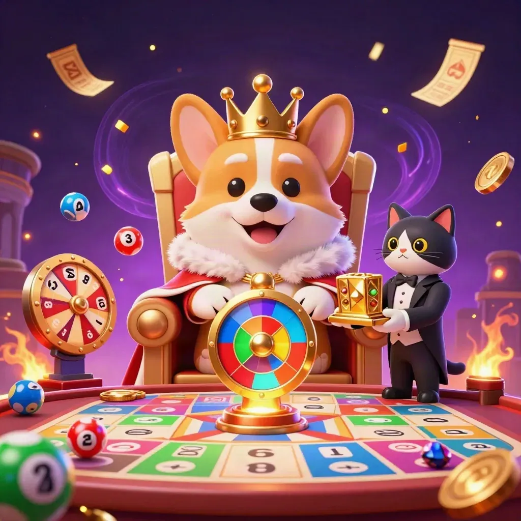 Crowned corgi and cat butler amid casino magic, neon lights, chips, balls, and gold effects