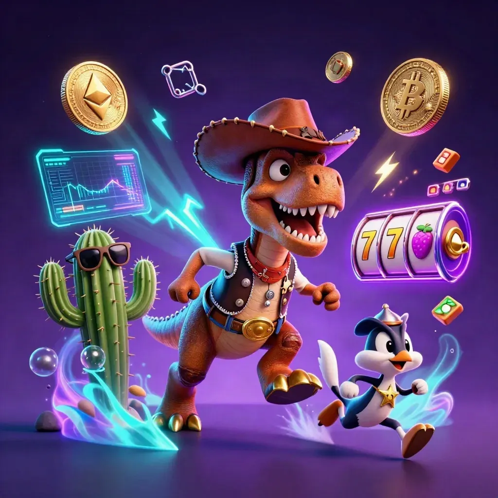 Cowboy T-Rex, cactus sidekick, and roadrunner burst through neon casino loot and lightning.