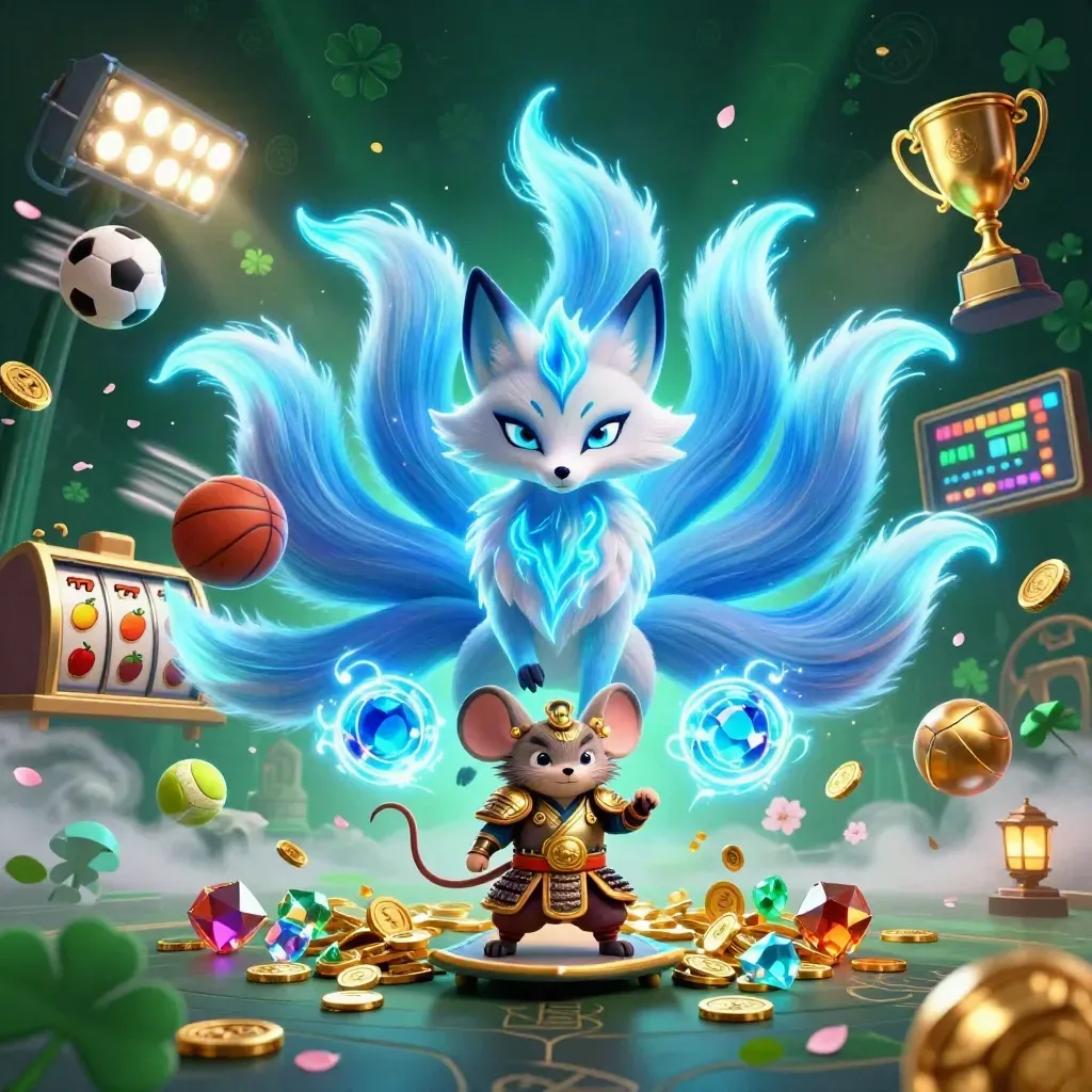 Neon fox spirit and samurai mouse amid coins, gems, sports balls, and casino glow.