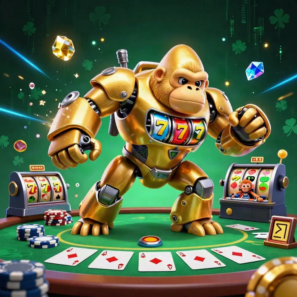 Golden gorilla mech and tiny monkey pilot amid poker chips, reels, gems, and neon blue energy.