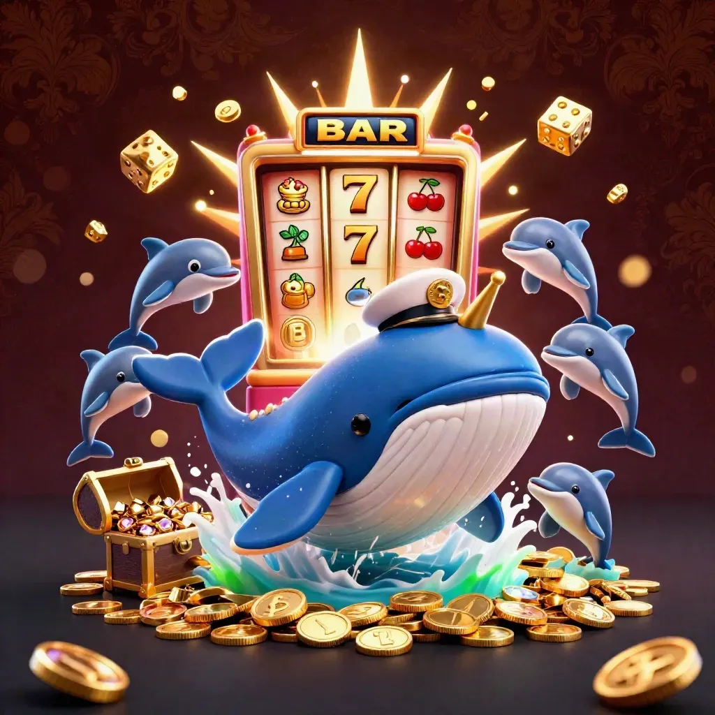 Whale captain, narwhal and dolphins burst from coins beside a jackpot slot machine