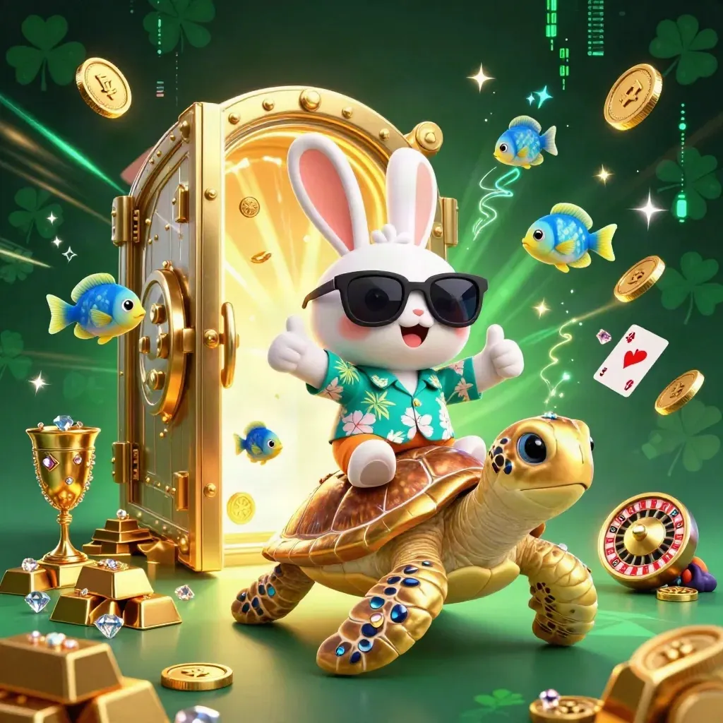 Cartoon rabbit rides a jeweled sea turtle as a vault explodes with gold, gems, and neon casino energy.