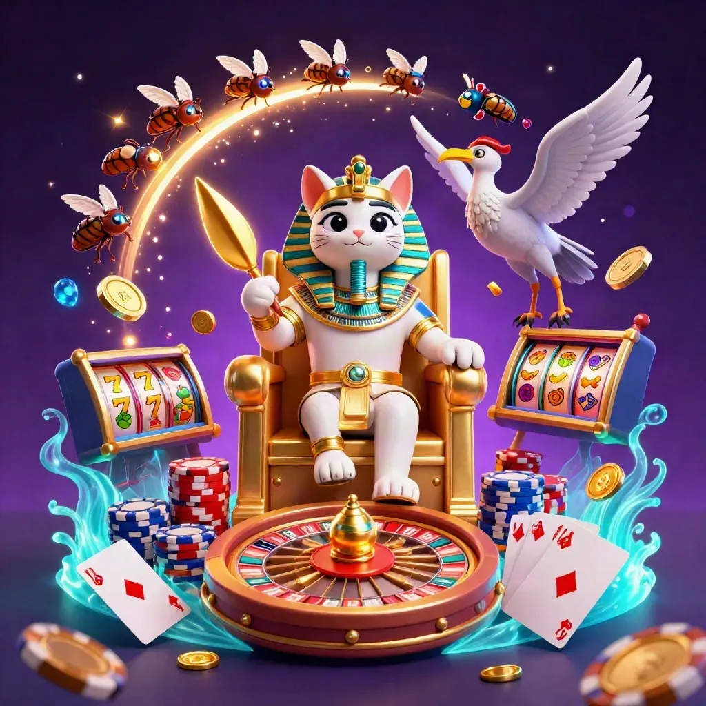 Pharaoh cat on throne with ibis scribe, scarab wings, coins, gems, roulette wheel in neon casino glow.