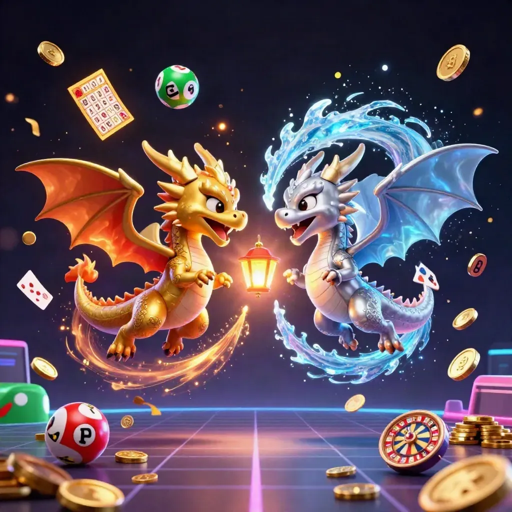 Twin gold and silver dragons amid casino icons, coins, fireworks, and neon blue-green glow