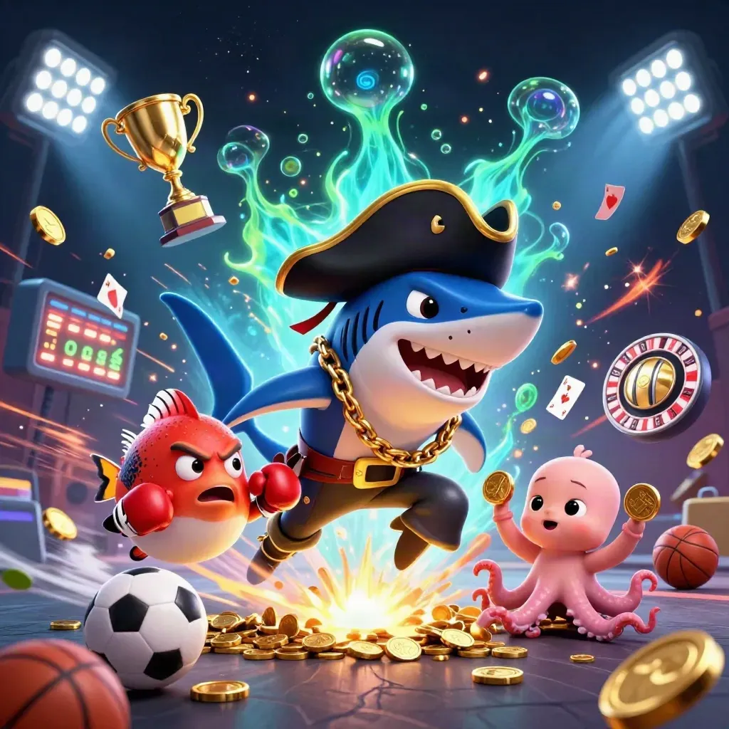 Pirate shark, boxing pufferfish, and coin-juggling octopus amid casino treasure blasts