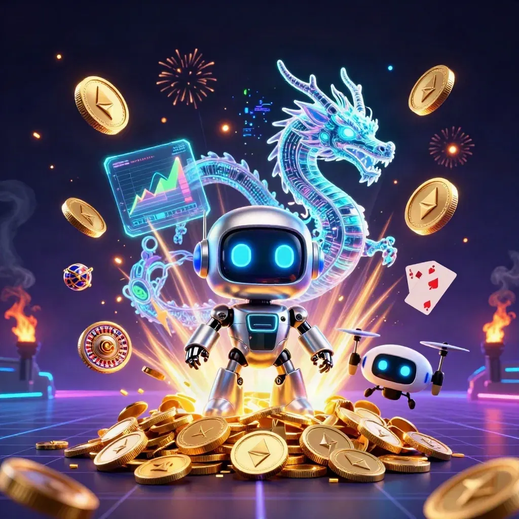 Cyberpunk robot, holographic dragon, and coin drone amid exploding vault coins and neon casino effects.