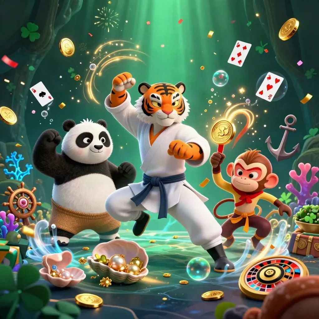 Tiger master, panda disciple, and monkey student in a treasure cove with coins, coral, and fireworks.