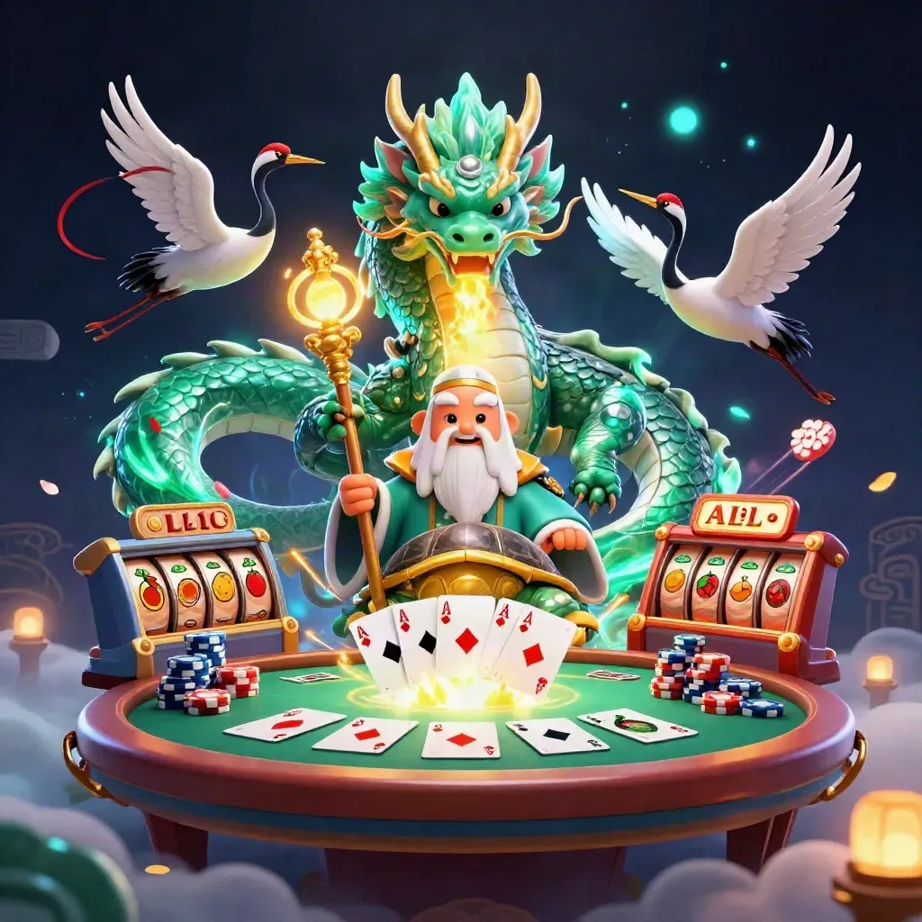 Dragon, turtle sage, and cranes amid casino chips, cards, reels, and glowing magical effects.