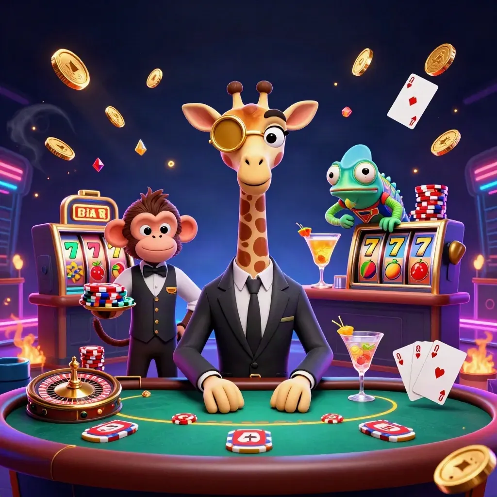 Giraffe, monkey valet, and chameleon bartender in neon casino chaos around a poker table.