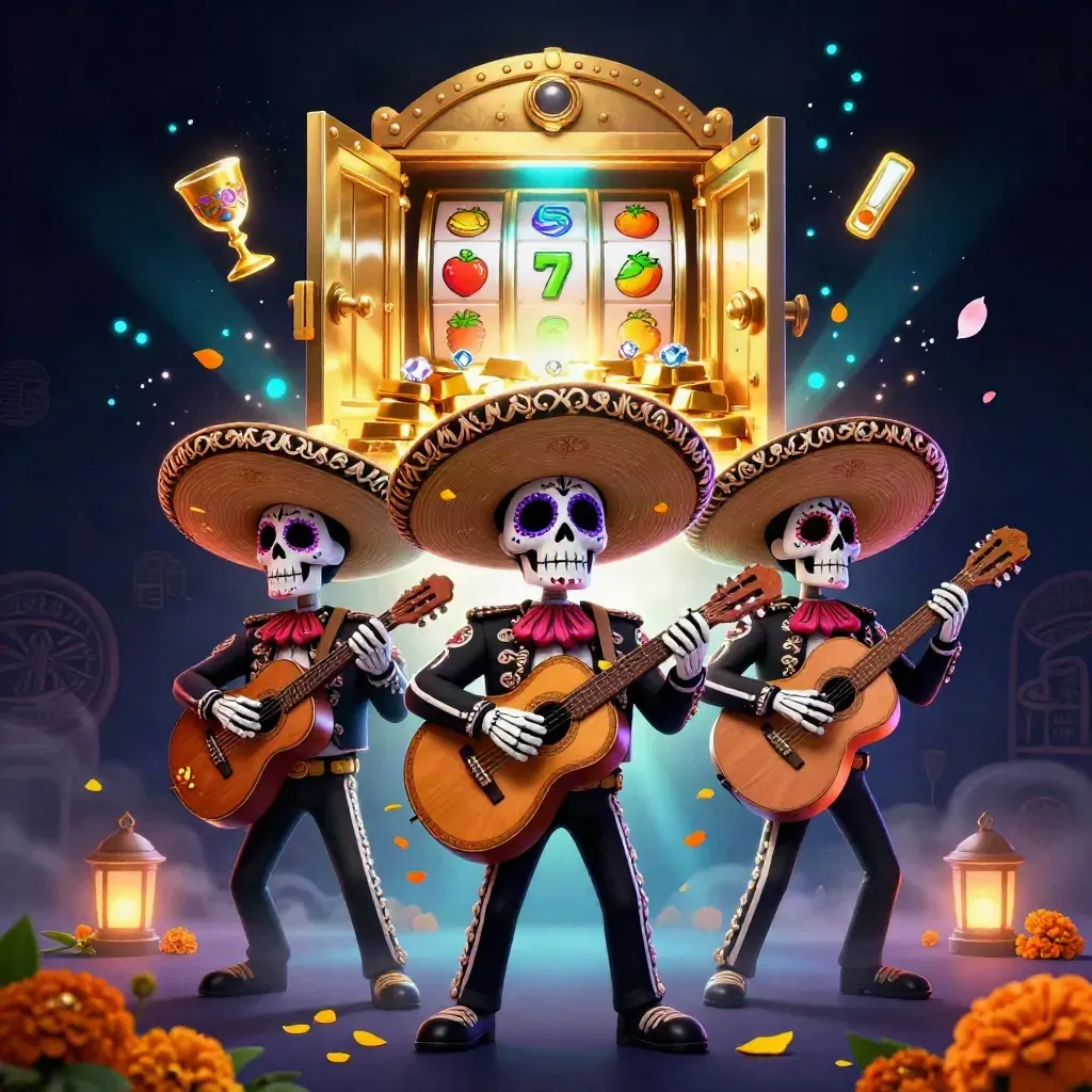 Three skeleton mariachi performers amid a glowing vault, gold, gems, neon particles, and casino reels.