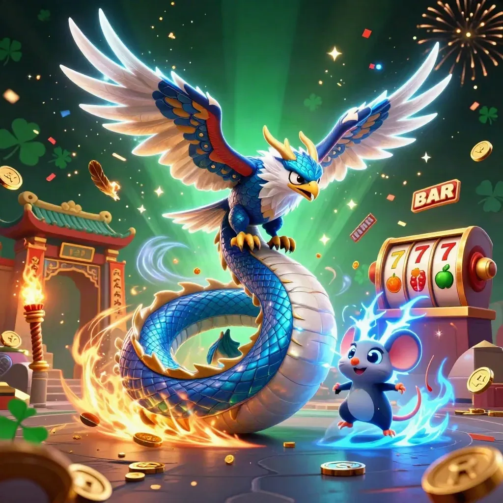 Thunder dragon, wind hawk, and static mouse amid casino lightning, coins, temple gate, and glowing reels.