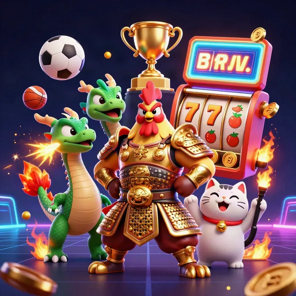 Rooster warrior, dragon hatchling, and fortune cat amid casino effects on a neon dark grid.