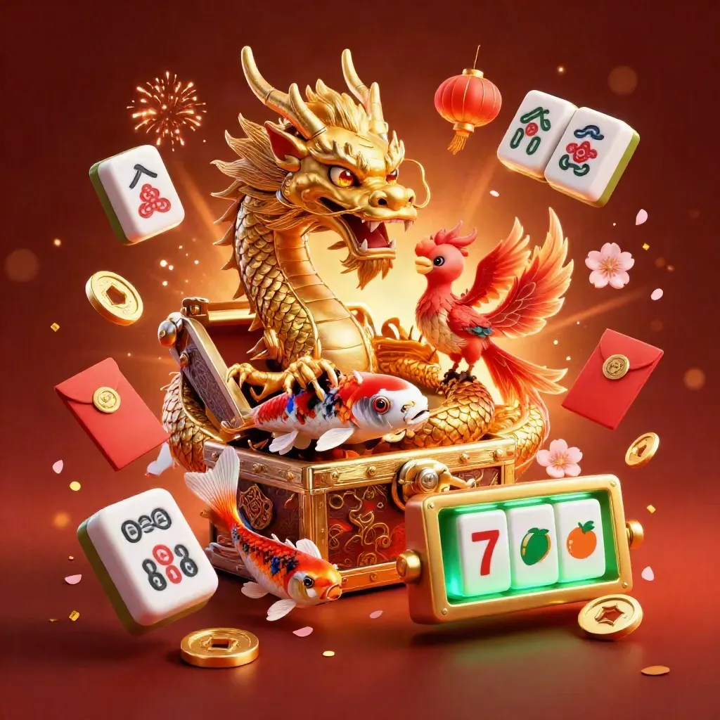 Golden dragon, red phoenix, koi, mahjong tiles and slot symbols in a fiery casino splash.