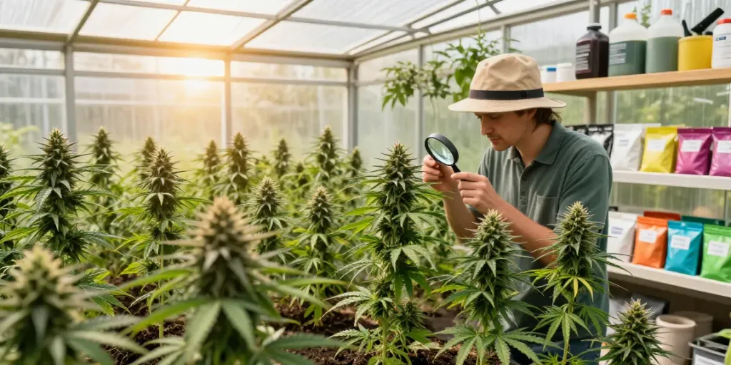 Regular seeds thriving in a vibrant greenhouse setting with a grower inspecting plants.